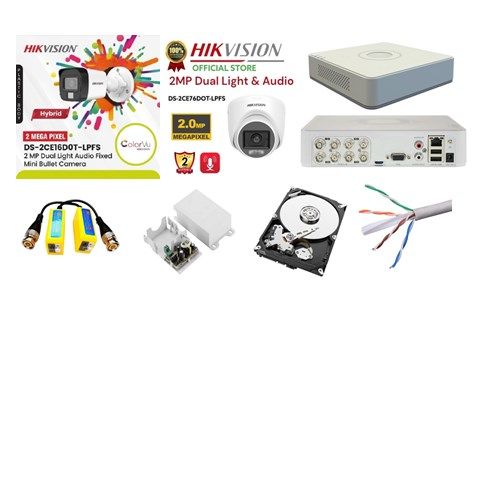 Hikvision Camera Package Full ColorVU With Audio 24 hours 7 Days CCTV Camera 02pc Full Set with all accessories Package