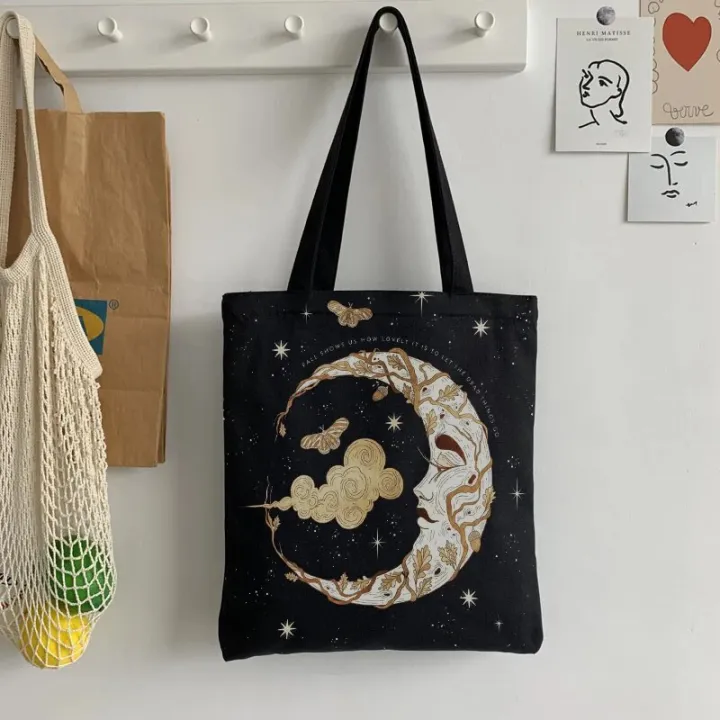 Retro%20Moon%20Art%20Tote%20Bag%20Women's%20Daily%20Casual%20Shopping%20Black%20One%20Shoulder%20Canvas%20Bag%20For%20Men%20Women%20ECO%20Groceries%20Bag%20With%20Zipper%20-%20Image%204
