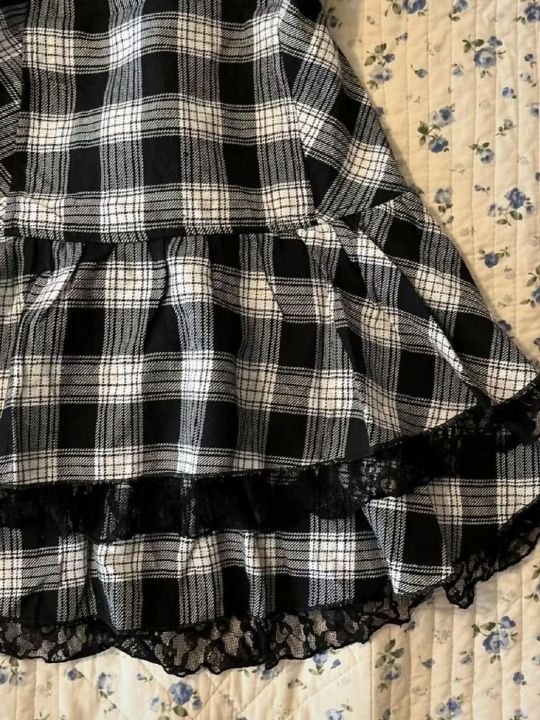 Kawaii%20Dress%20korean%20Sweet%20Cute%20Plaid%20Lace%20Dresses%20Summer%20Women%20Short%20Skirt%20Vintage%20Aesthetic%20Fairycore%20Y2K%20Preppy%20Clothing%20-%20Image%203