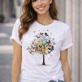 Sky Blue Fashionable Tops Ladies Short Sleeve Casual Girls Print Cotton New T-Shirt For Women.