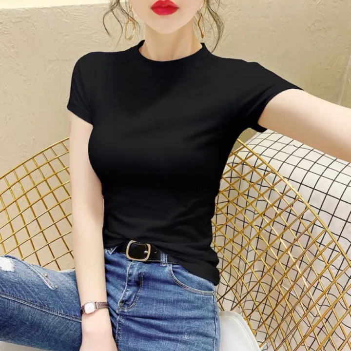 White%20Slim%20FitTT-shirt%20Women's%20Summer%20Pure%20Cotton2022New%20Pure%20Color%20Tight%20Top%20T-shirt%20Thin%20Bottoming%20Shirt%20-%20Image%204