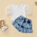 2Pcs Girls Summer Outfit, Patchwork Bubble-Sleeve Blouse + Frill Denim Shorts Set for Kids, 6 Months to 4 Years. 