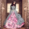 Unstitched Gray and Salmon Georgette Gown for Women. 