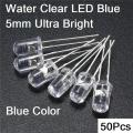 50Pcs- Transparent BLUE 5mm Water Clear LED Blue 5mm Ultra Bright Transparent Round 5mm LED Light Emitting Diode Water Clear Blue Light Bulbs For Electronics Project. 