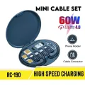 Remax RC-190 Data Cable Set Type C to Type C Simply Fast Charging Cable Micro USB Lightning Cable USB Adapter Simply Minply 3 in 1 In Cable 60W Fast Charge and Data Transmission Cable Set with Phone Stand. 