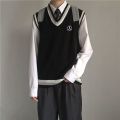 Three-Piece Set-College WinddkUniform Men's Sweater Vest Male Student TrendjkKnitted Sleeveless Sweater Shirt. 