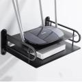 2- layer Wall mount wifi router stand, metal shelf for tv box & remotes black. 