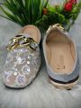 Summer new Korean version of low-heeled head metal buckle sandals half slip shoes female fashion transparent mesh half slippers. 