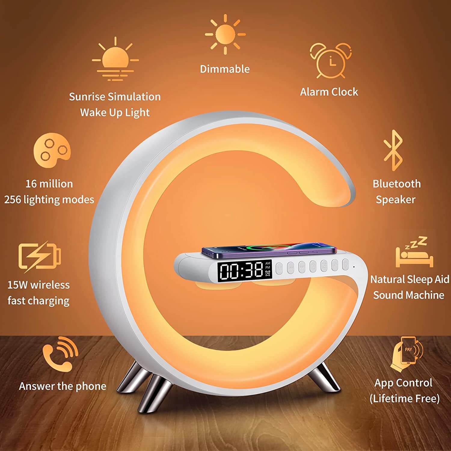 G63 Speaker Lamp - APP Control 3 in 1 Multi-Function Bluetooth Speaker With Wireless Charging, RGB Light and Alarm Clock - Charger G Lamp with Sunrise Alarm for Bedroom & Bedside table (G Speaker)