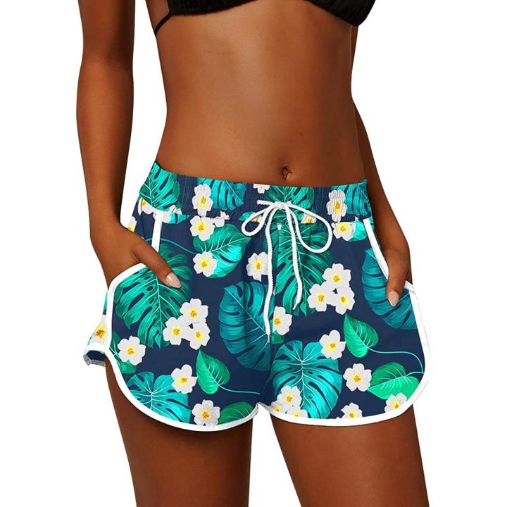 Women Summer Sports Shorts Floral Beach Boardshorts with Pockets Female Swim Trunks Female Workout Gym Clothes Fitness Sportwear