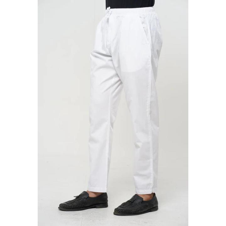White Cotton Narrow Fit Stitch Standard Pant Cut Pajama for Men