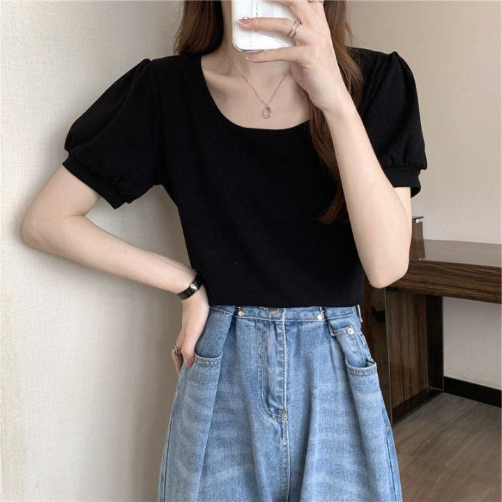 Puff%20Sleeve%20T%20Women's%20Summer%20T-shirt%202023%20New%20French%20Style%20Design%20Low%20round%20Neck%20Slim-Fit%20Slimming%20Short-Sleeved%20Student%20Top%20-%20Image%206