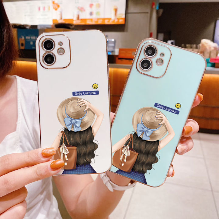 FINDWORLD%20for%20iPhone%2011%20Pro%20Max%20Cute%20Cartoon%20Hat%20Girl%20Square%20Edge%20Pattern%20Design%20Luxury%20Plating%20Soft%20Phone%20Case%20-%20Image%204