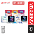Durex Combo Condom - Extra Thin, Extra Dots, Extra Ribbed, Invisible, Mutual Climax, Air Thin , Extra Time 3s Pack - 3x7=21Pcs (India).
