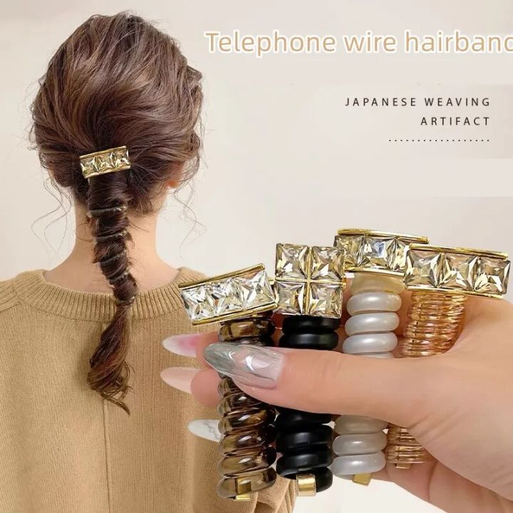 Crystal Flower Telephone Wire Elastic Hair Bands for Women Transparent Spiral Hair Ties Scrunchie Rubber Bands Hair Accessories