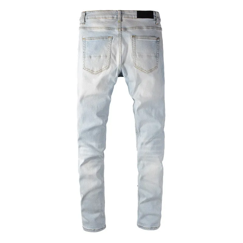 Men's Patchwork Ripped Biker Jeans – Stretch Denim, Pleated Knees, Streetwear Style | Distressed Skinny Fit - View #7