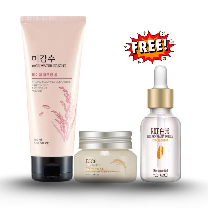 Rice Brightening Skincare Combo Set (Rice Water Facial Cleanser + Rice Ceramide Moisturizing Cream + FREE Rice Skin Beauty Essence)