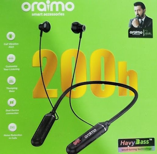 Oraimo NeckLite Wireless Neckband Earbuds, Wearable Around Neck Headphones Built-in Microphone, Bluetooth Headset Magnetic Earphones Deep Bass, Ultra-Lightweight Comfort, 200 Hours Playtime, Black