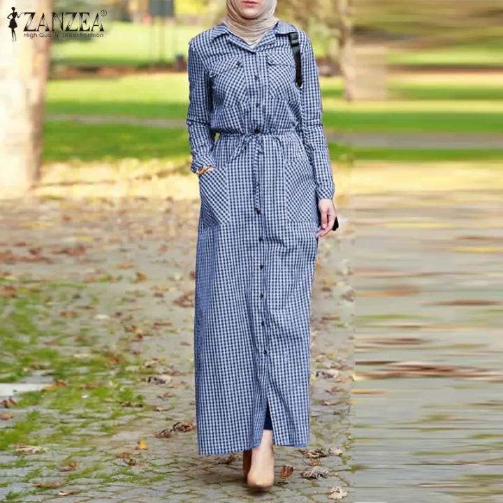 ZANZEA%20Muslimah%20Women%20Muslim%20Long%20Sleeve%20Check%20Plaid%20Pocket%20Floaty%20Kaftan%20Tunic%20Maxi%20Abaya%20Dress%20-%20Image%202