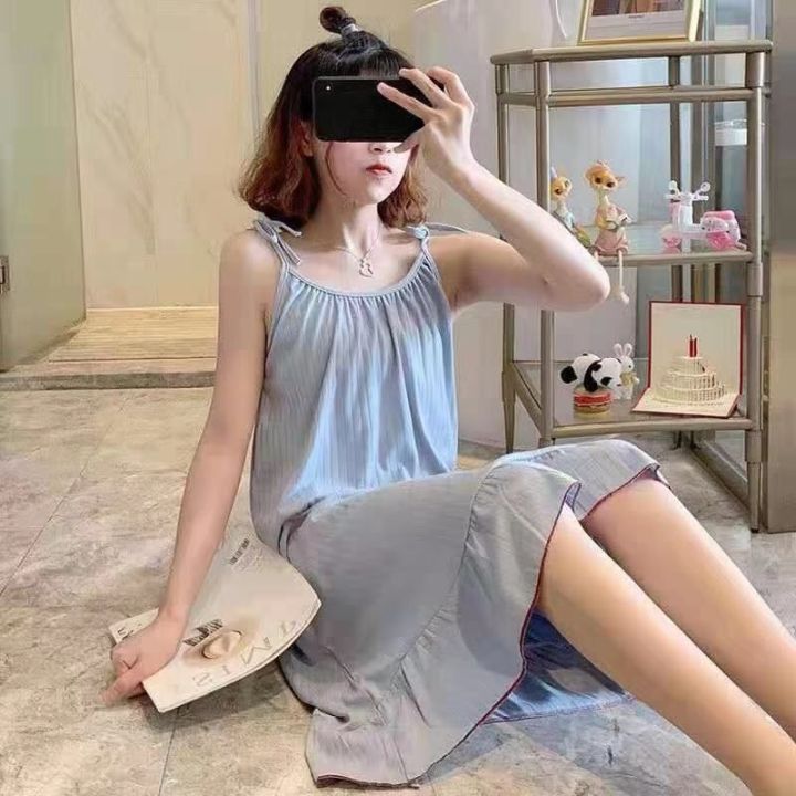 Mid-Length%20Spring%20and%20Summer%20Nightdress%20Women's%20Sling%20Jumpsuit%20Korean%20Style%20Spring,%20Summer,%20Autumn%20Season%20Cute%20Girl%20Pajamas%20Homewear%20-%20Image%202