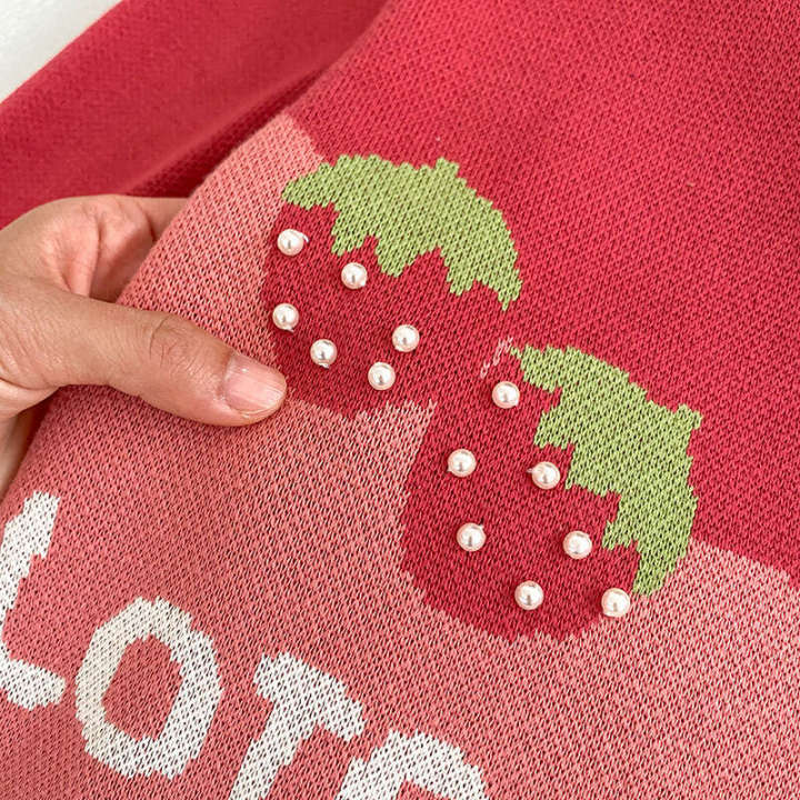 2024%20Autumn/Winter%20New%20Girls'%20Knitted%20Cute%20Pink%20Strawberry%20Bear%20Baby%20Girl%20Warm%20Pure%20Cotton%20Pullover%20Dress%20-%20Image%204