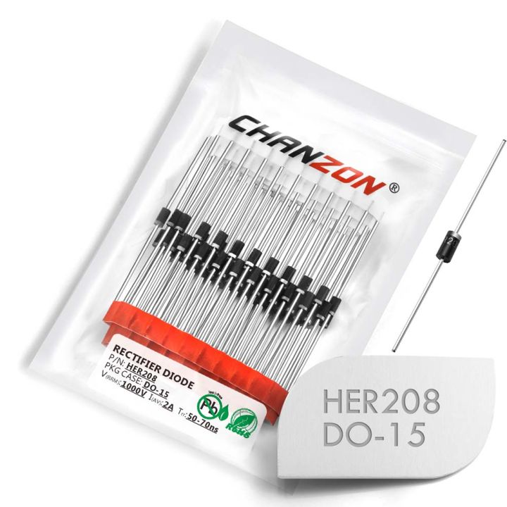 (100 Pcs) HER208 High Efficiency Rectifier Diode 2A 1000V 50-70ns DO-15 (DO-204AC) Axial 2 Amp 1000 Volt HER 208