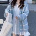 Korean Style Versatile Striped Cardigan Sweater Coat for Female Students Autumn and Winter New Lazy Style Cardigan Long Sleeve Knitted Top.