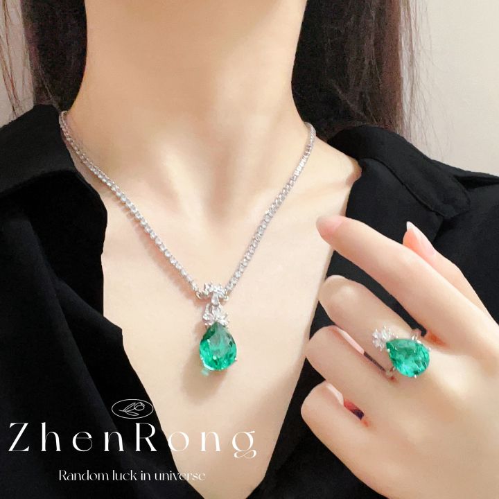 artificial emerald pendant necklace light luxury colored gemstone earrings  vintage zircon set chain women's ring temperament jewelry set