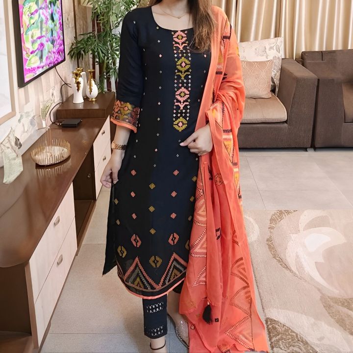 New Cotton Unstitched Skin Print High Quality Three Piece For Women