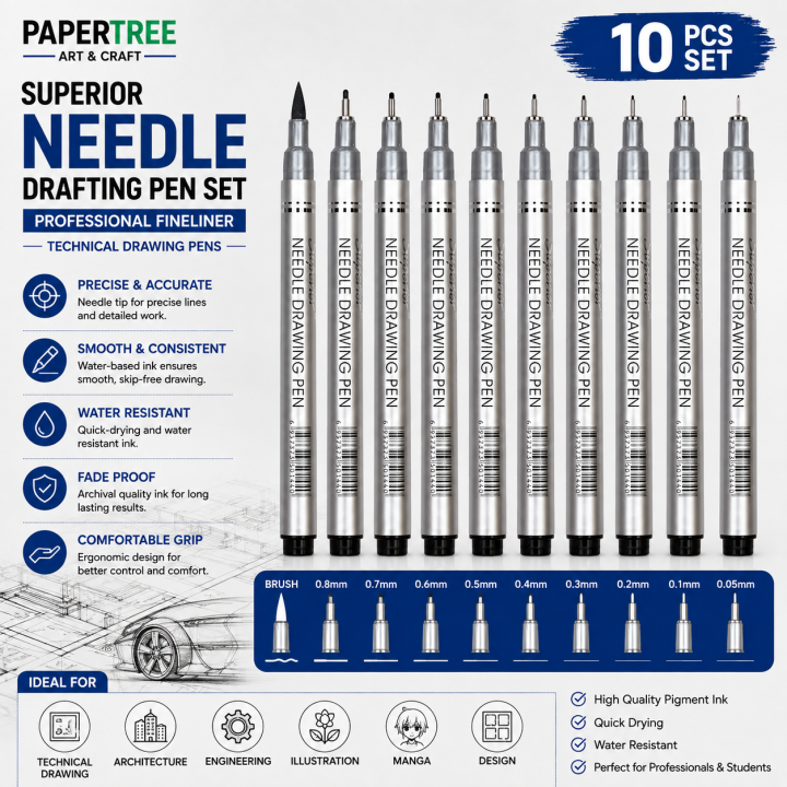 Superior Needle Drafting Pen Set 10 Pcs Professional Fineliner Technical Drawing Pens