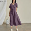 ZANZEA Korean Style Women Casual Short Sleeve Maxi Dress V Neck Drawstring Waist Side Pockets Dresses #8. 
