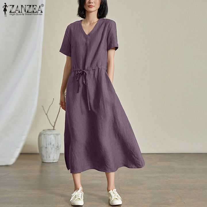 ZANZEA%20Korean%20Style%20Women%20Casual%20Short%20Sleeve%20Maxi%20Dress%20V%20Neck%20Drawstring%20Waist%20Side%20Pockets%20Dresses%20#8%20-%20Image%205