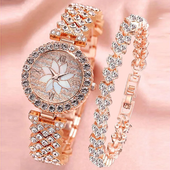 New Casual Fashion Quartz Diamond Flower Watch & Bracelet For Women Gift Item 2Pcs With BOX