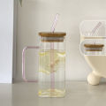 400Ml Square Mug With Lids and Straws Single Colored Handle Layer Drinking Glass Cups For Soda Iced Coffee Milk Bubble Tea Water. 