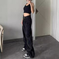 American ins retro wash black jeans women's early spring hot girl design sense loose and thin straight-leg wide-leg pants.
