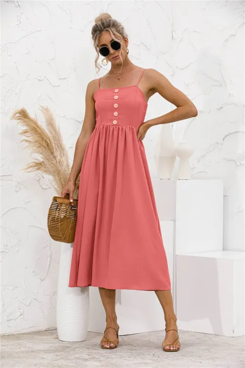 Women%20Spaghetti%20Strap%20Sleeveless%20Backless%20Solid%20Slim%20Madi%20Dress%20Summer%20New%20Casual%20Sling%20Big%20Swing%20Button%20Dresses%20Robe%20Femme%20-%20Image%205