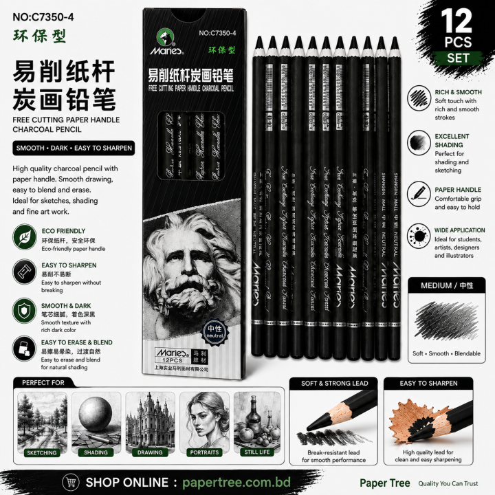Maries Free Cutting Paper Handle Charcoal Pencils 12 Pcs Set