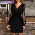 Mesh Splicing Dress V Neck Mesh Patchwork Evening Dress for Party Prom Women Dress.