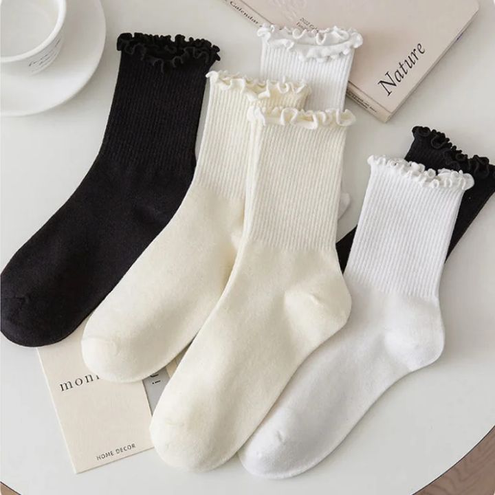 1pair Ruffle Socks Women Mid Crew Middles Tube Ankle High Breathable Black White Calcetines Female Spring Autumn Sock