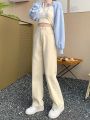 Off-White Micro Wide-Leg Jeans Women's High Waist Slimming Loose Apricot All-Match Draping Elastic Waist Student Black Pants.