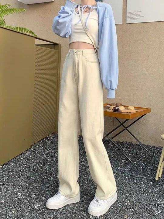 Off-White%20Micro%20Wide-Leg%20Jeans%20Women's%20High%20Waist%20Slimming%20Loose%20Apricot%20All-Match%20Draping%20Elastic%20Waist%20Student%20Black%20Pants%20-%20Image%208