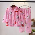 New Kids Boys Girls Autumn Winter Keep Warm Flannel Pajama Sets Cartoon Long Sleeve Lapel Tops with Pants Sleeping Clothing Sets. 
