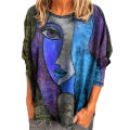 Women Blouse Round Neck Abstract Face Print Long Sleeve Blouse. 