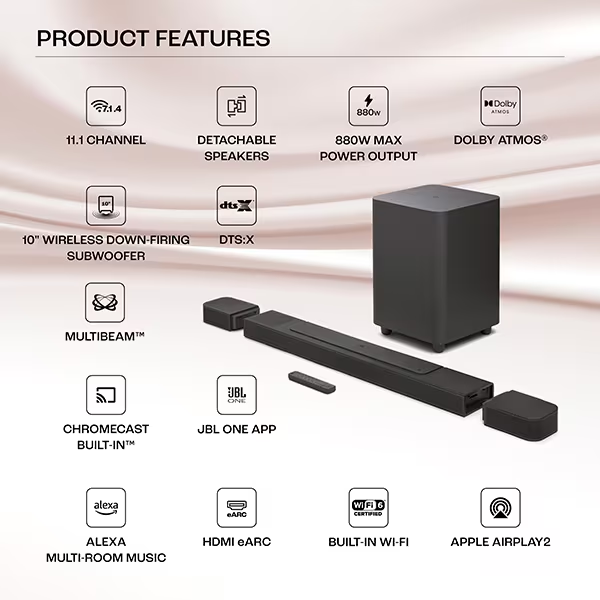 JBL Bar 1000 Pro,True Dolby Atmos,DTS:X,MultiBeam,Wireless Subwoofer,HDMI eARC 880 W Bluetooth Soundbar