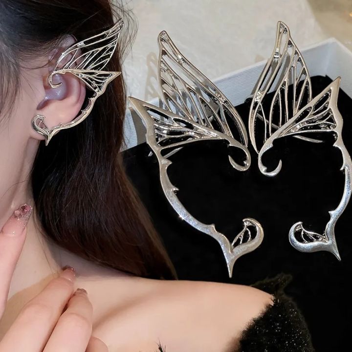 Hollow Butterfly Wings Single Ears Hanging Sweet Cool Ear Bone Clamp Earrings Punk Piercing Ear Clip Metal Halloween Elf Ear Cosplay Party Jewelry Girls Fashion Personality