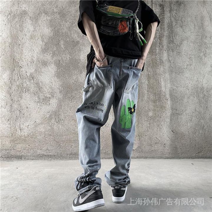 GOF Cactus Printed Jeans Men's Fashion Brand Loose Straight Wide-Leg Pants Street Hip-Hop Fashion Light Color ins