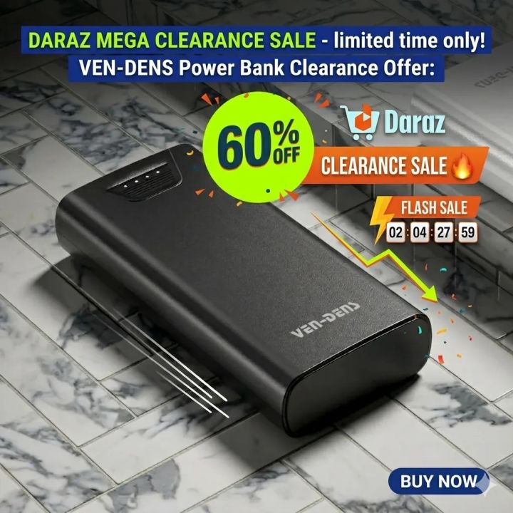 VEN-DENS 10000mAh Power Bank VD-PB041 Fast Charging Portable Charger | Dual USB Output | LED Indicator | Smart Protection | Slim & Lightweight Powerbank for Android, iPhone & All Devices