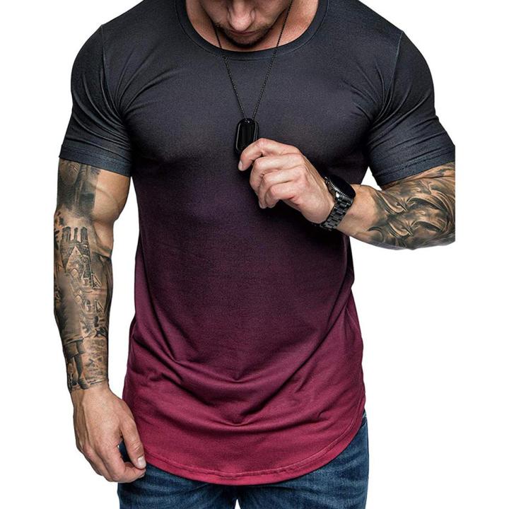Summer Fashion Men Gradient Color Short Sleeve Round Neck T-Shirt Slim Fit Top