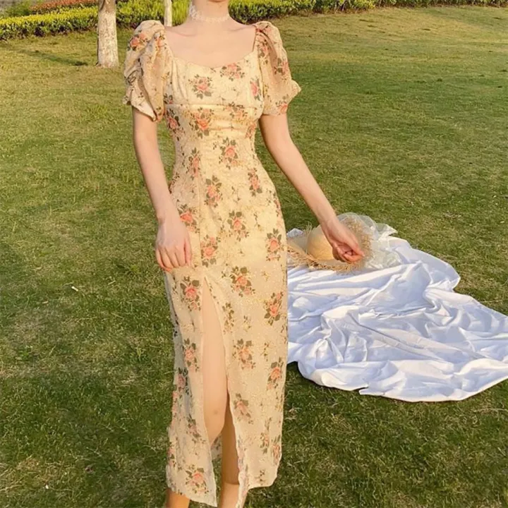 Yfashion%20Basic%20Sweet%20Floral%20%20Dress%20Square%20Neck%20Puff%20Sleeve%20High%20Waist%20Pullover%20Short%20Sleeve%20d-length%20Skirt%20A-line%20Skirt%20Split%20Dress%20color:Color%20size:S%20-%20Image%206