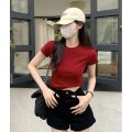 Small Red T T-shirt Women's Short-Sleeved Short Tight Hot Girl Top Summer New Solid Color Slim-Fit Shoulder T-shirt. 